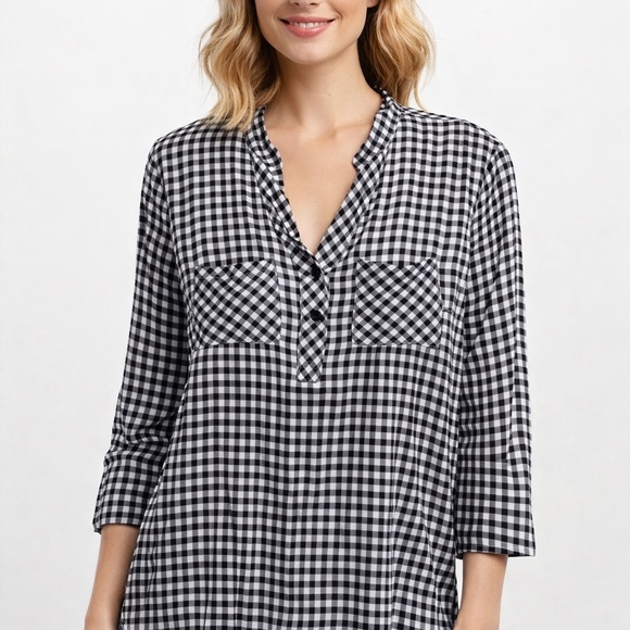 checkout Tops - CheckOut Black & White Gingham Blouse | V-Neck 3/4 Sleeve | Size M